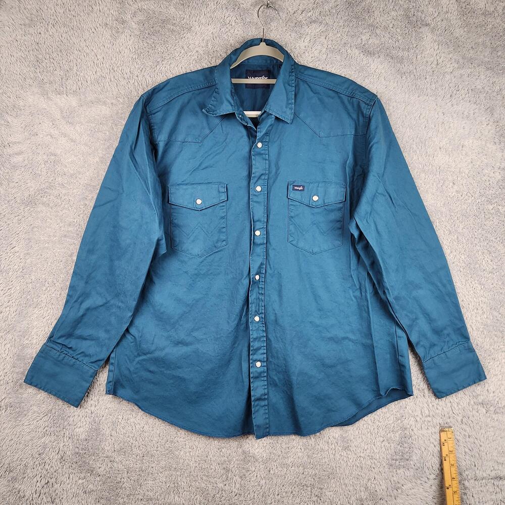 Wrangler Shirt Mens 2XL Blue Twill Western Pearl Snap Long Sleeve Cowboy Rodeo